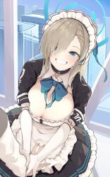 Rule 34 | 1boy, 1girl, alternate costume, apron, asuna (blue archive), black choker, black dress, blue archive, blue bow, blue bowtie, blue eyes, blush, bow, bowtie, breasts, choker, cleavage, dress, enmaided, frilled apron, frills, gloves, grin, hair over one eye, halo, highres, holding hands, indoors, large breasts, light brown hair, long hair, looking at viewer, maid, maid apron, maid headdress, mole, mole on breast, neko ame, puffy sleeves, ribbon, short sleeves, smile, white apron, white gloves