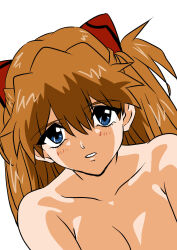 Rule 34 | 1girl, absurdres, blue eyes, blush, breasts, brown hair, completely nude, eywy4324, feet out of frame, hair between eyes, highres, long hair, looking at viewer, medium breasts, neon genesis evangelion, nude, out of frame, shaded face, solo, souryuu asuka langley, two side up, white background