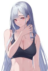 Rule 34 | 1girl, 3 small spiders, absurdres, ak-12 (girls&#039; frontline), black tank top, breasts, cleavage, collarbone, commentary request, crop top, girls&#039; frontline, hair behind ear, highres, linea alba, long hair, looking at viewer, medium breasts, purple eyes, simple background, smile, solo, tank top, upper body, white background, white hair