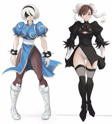 Rule 34 | 2girls, capcom, chun-li, cleavage cutout, clothing cutout, cosplay, costume switch, crossover, highres, multiple girls, nier (series), nier:automata, pantyhose, pelvic curtain, simple background, street fighter, thighhighs, white background, 2b (nier:automata)