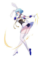 Rule 34 | 1girl, animal ears, armband, blue hair, boots, rabbit ears, rabbit tail, chiester410, full body, high heel boots, high heels, highres, leotard, long sleeves, pumpkin jiang, red eyes, sleeve cuffs, smile, solo, tail, tassel, thigh boots, thighhighs, thighs, umineko no naku koro ni, white background, white footwear