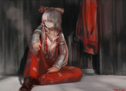Rule 34 | 1girl, bow, cigarette, fujiwara no mokou, hair bow, jewelry, long hair, long sleeves, mag (huangmag), magician (artist), md5 mismatch, necklace, pants, pendant, red eyes, shirt, silver hair, solo, suspenders, touhou, very long hair