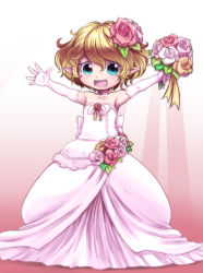 Rule 34 | 1girl, :d, blonde hair, bouquet, child, dress, elbow gloves, flower, gloves, hair flower, hair ornament, happy, looking at viewer, nollety, open mouth, original, pointy ears, smile, solo, wedding dress