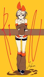 Rule 34 | 1girl, 3kuma, against railing, bandaid, bandaid on face, bandaid on nose, bare shoulders, black eyes, bow, character name, commentary, crossed arms, detached sleeves, expressionless, full body, hair bow, headphones, highres, kagamine rin, knee blush, leaning forward, against railing, leg warmers, limited palette, hugging object, orange background, railing, red bow, shadow, short hair, short shorts, shorts, shoulder blush, signature, sleeves past fingers, sleeves past wrists, solo, standing, stuffed animal, stuffed toy, vocaloid