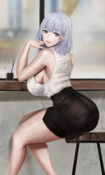 Rule 34 | 1girl, absurdres, alternate costume, ass, bare shoulders, black skirt, blurry, blurry background, breasts, cup, drinking straw, gcg, girls&#039; frontline, highres, huge breasts, indoors, large breasts, medium hair, miniskirt, office lady, own hands together, parted lips, purple eyes, rpk-16 (girls&#039; frontline), shirt, shirt tucked in, sideboob, silver hair, sitting, skirt, sleeveless, sleeveless shirt, solo, stool, thighs, white shirt, window