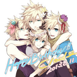 Rule 34 | 4boys, arm around shoulder, bad source, bisukorokoro, black pants, blonde hair, blue eyes, blue shirt, boots, brown footwear, brown shorts, character name, cloud strife, crown, dated, earrings, final fantasy, final fantasy vii, flower, green scarf, grey shirt, group hug, hair flower, hair ornament, hair ribbon, hands on another&#039;s arm, hands up, happy, happy birthday, head wreath, hug, jewelry, knees up, light smile, looking at viewer, low ponytail, male focus, mini crown, multiple boys, open mouth, orb, pants, pink flower, pink ribbon, purple sweater, red ribbon, ribbon, scarf, shirt, short hair, short ponytail, shorts, sitting, sleeveless, sleeveless sweater, sleeveless turtleneck, smile, spiked hair, stud earrings, sweater, third-party source, time paradox, turtleneck, turtleneck sweater, upper body, white background, white flower, yellow flower