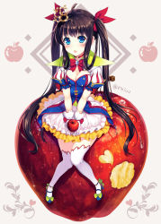 Rule 34 | 1girl, apple, black hair, blue footwear, bow, breasts, brooch, cleavage, crown, disney, food, fruit, gloves, hair ribbon, high heels, highres, jewelry, knees together feet apart, long hair, looking at viewer, mini crown, open mouth, original, oversized object, puff and slash sleeves, puffy short sleeves, puffy sleeves, raiou, ribbon, shirt, short sleeves, sitting, skirt, snow white, snow white (disney), snow white and the seven dwarfs, solo, thighhighs, twintails, v arms, very long hair, white gloves, white thighhighs, zettai ryouiki