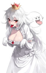 Rule 34 | 1girl, absurdres, black eyes, blush, boo (mario), bow, breasts, brooch, cleavage, crown, dress, elbow gloves, fangs, female focus, frilled dress, frilled sleeves, frills, gem, ghost, gloves, hair between eyes, hands up, happy, highres, jewelry, k hottok, large breasts, leaning forward, long hair, looking at viewer, mario (series), messy hair, mini crown, new super mario bros. u deluxe, nintendo, open mouth, princess king boo, red eyes, red gemstone, sharp teeth, shiny skin, short sleeves, sidelocks, simple background, smile, solo focus, standing, super crown, teeth, tongue, tongue out, very long hair, white background, white bow, white dress, white gloves, white hair, white theme, yellow headwear