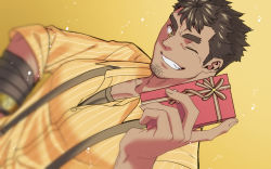 Rule 34 | 1boy, alternate costume, bandaged arm, bandages, bara, collared shirt, dutch angle, highres, incoming gift, looking at viewer, male focus, muscular, muscular male, pectoral cleavage, pectorals, shirt, short hair, sideburns, smile, solo, striped clothes, striped shirt, suspenders, takabushi kengo, thick eyebrows, tokyo houkago summoners, upper body, yellow shirt, yoshinaga haru
