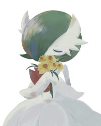 Rule 34 | 1girl, bare shoulders, bob cut, closed eyes, colored skin, creatures (company), daffodil, dress, elbow gloves, female focus, flat chest, flower, game freak, gardevoir, gen 3 pokemon, gloves, green hair, hair over one eye, hands up, highres, holding, holding flower, mega gardevoir, mega pokemon, nintendo, one eye covered, own hands together, pokemon, pokemon (creature), short hair, simple background, smelling flower, solo, standing, strapless, strapless dress, u u, upper body, white background, white dress, white gloves, white skin, white theme, yellow flower, yurame