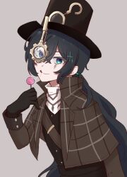 Rule 34 | 1boy, :q, black gloves, black hair, black hat, black vest, blue eyes, brown capelet, candy, capelet, closed mouth, facial mark, food, gears, gloves, green eyes, grey background, hair between eyes, hat, heterochromia, highres, holding, holding candy, holding food, holding lollipop, hong lu (project moon), limbus company, lollipop, long hair, long sleeves, looking at viewer, low ponytail, magnifying glass, male focus, past desiderium, ponytail, project moon, saliva, saliva trail, shirt, simple background, smile, solo, sparkle, steampunk, tongue, tongue out, top hat, turtleneck, very long hair, vest, white shirt