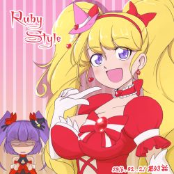 Rule 34 | 10s, 2016, 2girls, :d, asahina mirai, black hat, blonde hair, breast envy, breasts, choker, cleavage, cure magical, cure magical (ruby style), cure magical ruby style, cure miracle, cure miracle (ruby style), cure miracle ruby style, dated, earrings, gloves, gradient background, hairband, hat, heart, heart earrings, izayoi liko, jewelry, large breasts, long hair, looking at viewer, mahou girls precure!, mini hat, mini witch hat, multiple girls, open mouth, pink background, pink hat, precure, purple eyes, purple hair, riko (mahou girls precure!), smile, striped, striped background, twintails, vertical stripes, white gloves, witch hat, yoshimune