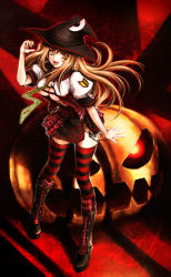 Rule 34 | 1girl, blonde hair, boots, breasts, halloween, hat, highres, jack-o&#039;-lantern, long hair, open clothes, open shirt, original, plaid, pumpkin, shirt, solo, striped clothes, striped thighhighs, thighhighs, ueda metawo, underboob, witch hat, yellow eyes