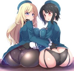 Rule 34 | 2girls, absurdres, ass, atago (kancolle), black gloves, black hair, black legwear, black panties, blonde hair, blush, breast press, breasts, butt crack, clothes lift, commentary request, dress, dress lift, garter straps, gloves, hat, highres, kantai collection, kurokoshou (emuburemu123), large breasts, long hair, looking at viewer, looking back, multiple girls, panties, panties under pantyhose, pantyhose, purple eyes, red eyes, short hair, sitting, takao (kancolle), underwear
