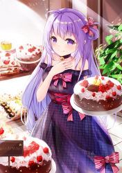 Rule 34 | 1girl, ahoge, bakery, black choker, blush, bow, breasts, cake, choker, closed mouth, commentary request, dress, food, fruit, hair bow, hair rings, hand on own chest, happy birthday, highres, holding, holding food, indoors, leaf, long hair, looking at viewer, mutang, off-shoulder dress, off shoulder, original, purple dress, purple eyes, red bow, shop, smile, solo, standing, strawberry, striped, striped bow, underbust, very long hair