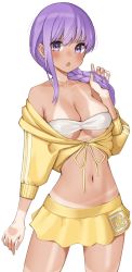 Rule 34 | 1girl, absurdres, asymmetrical hair, bandeau, bare shoulders, bb (fate), bb (fate) (all), bb (swimsuit mooncancer) (fate), bb (swimsuit mooncancer) (first ascension) (fate), blush, braid, breasts, cleavage, collarbone, cropped jacket, fate/grand order, fate (series), highres, jacket, kopaka (karda nui), large breasts, long hair, long sleeves, looking at viewer, medium breasts, midriff, miniskirt, open mouth, purple eyes, purple hair, single braid, skirt, solo, tan, tanline, thighs, very long hair, yellow jacket, yellow skirt