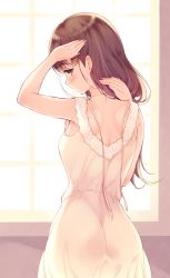 Rule 34 | 10s, 1girl, adjusting hair, ass, back, brown eyes, brown hair, closed mouth, dress, from behind, hand in own hair, jewelry, kantai collection, komi zumiko, long hair, looking back, necklace, ooi (kancolle), pink eyes, profile, sleeveless, sleeveless dress, solo, window