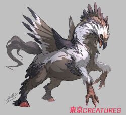 Rule 34 | animal focus, beak, bird wings, claws, feathered wings, feathers, from side, full body, griffin, highres, hooves, horse tail, mixed limbs, monster, no humans, open mouth, original, signature, sketch, solo, tail, wings, yamamura le, yellow eyes
