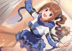 Rule 34 | 1girl, :d, ahoge, belt, blue dress, blue footwear, blue scrunchie, blurry, blurry background, boots, breasts, brown hair, commentary, curtains, depth of field, dress, drill hair, dutch angle, enjoyful! (&amp;joyful!), fitting room, hair ornament, hair scrunchie, idolmaster, idolmaster million live!, idolmaster million live! theater days, indoors, kamille (vcx68), layered dress, lens flare, long sleeves, medium breasts, medium hair, mirror, open mouth, purple eyes, scrunchie, shirt, short dress, side drill, side ponytail, smile, solo, standing, t-shirt, white belt, yokoyama nao, zipper