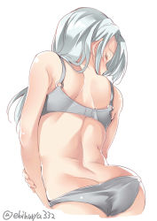 Rule 34 | 1girl, ass, back, blush, bra, butt crack, closed mouth, commentary request, duplicate, ebifurya, closed eyes, from behind, grey bra, grey panties, hair over shoulder, highres, kantai collection, long hair, looking back, looking down, o-ring, o-ring bottom, o-ring panties, panties, sagiri (kancolle), shoulder blades, silver hair, simple background, solo, tears, twitter username, underwear, underwear only, white background