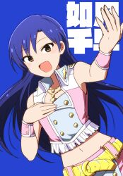 Rule 34 | 1girl, arm up, bare shoulders, blue background, blue hair, blush, brown eyes, character name, crop top, cropped shirt, dot nose, flat chest, gold belt, hand on own chest, hand up, idolmaster, idolmaster (classic), idolmaster million live!, idolmaster million live! theater days, jewelry, kidachi, kisaragi chihaya, long hair, looking at viewer, midriff, miniskirt, navel, necklace, open hand, open mouth, pink diamond 765 (idolmaster), pink wristband, shirt, simple background, skirt, sleeveless, sleeveless shirt, smile, solo, translated, two-tone shirt, two-tone skirt