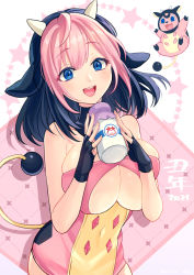 Rule 34 | 1girl, 2021, ahoge, black choker, black gloves, black hair, blue eyes, bottle, breasts, choker, clothing cutout, commentary request, covered navel, creatures (company), dyed bangs, eyelashes, fingerless gloves, game freak, gen 2 pokemon, gloves, hands up, holding, horns, large breasts, milk bottle, miltank, moomoo milk, multicolored hair, nintendo, open mouth, personification, pink hair, pokemon, smile, solo, tail, teeth, toki 7, tongue, two-tone hair, underboob, underboob cutout