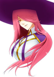 Rule 34 | 1girl, arc system works, blazblue, breasts, collair, collair (cono), hair over one eye, hat, konoe a. mercury, long hair, parted lips, pink hair, purple hat, solo, upper body, witch, witch hat, yellow eyes