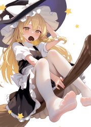 Rule 34 | 1girl, absurdres, black hat, black skirt, blonde hair, bow, braid, broom, broom riding, candy, chocolate, chocolate heart, fanteam, feet, food, hair bow, hat, heart, highres, kirisame marisa, long hair, looking at viewer, mouth hold, no shoes, pantyhose, puffy short sleeves, puffy sleeves, short sleeves, simple background, single braid, skirt, soles, solo, star (symbol), touhou, white background, white bow, white pantyhose, yellow eyes