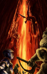 Rule 34 | 4boys, armor, arrow (projectile), bow (weapon), charizard, commentary, commentary request, creature, creatures (company), fiery tail, flying, game freak, gen 1 pokemon, geregere (lantern), gloves, glowing, glowing eyes, highres, holding, holding arrow, holding bow (weapon), holding sword, holding weapon, male focus, lava, multiple boys, nintendo, pokemon, pokemon (creature), sword, tail, weapon, winter clothes