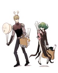 Rule 34 | 1boy, 1girl, bad id, bad twitter id, bag, bald, balloon, black hair, black sclera, blonde hair, character doll, colored sclera, commentary request, curly hair, cyborg, dadom10, floating, fubuki (one-punch man), genos, green eyes, green hair, looking at another, merchandise, one-punch man, poster (object), saitama (one-punch man), shopping bag, short hair, sweat, tatsumaki