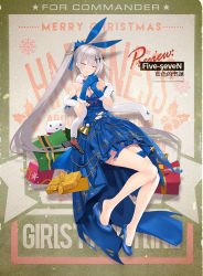 Rule 34 | 1girl, :p, anklet, arm up, bare shoulders, bell, blue bow, blue dress, blue footwear, blue gemstone, blue gloves, blue ribbon, blush, bow, breasts, bridal garter, character name, cleavage, crescent, crescent earrings, damaged, dress, earrings, facing viewer, feet, five-seven (blue christmas) (girls&#039; frontline), five-seven (girls&#039; frontline), fn five-seven, full body, fur-trimmed gloves, fur scarf, fur trim, gem, gift, girls&#039; frontline, gloves, gold trim, gun, hair between eyes, hair ornament, hair ribbon, handgun, high heels, jewelry, jingle bell, large breasts, long hair, navel, necklace, off-shoulder dress, off shoulder, official alternate costume, official art, own hands together, pdw-caliber pistol, pistol, ponytail, red bow, ribbon, scarf, shoe dangle, sidelocks, silver hair, solo, stuffed animal, stuffed toy, suisai (suisao), thighs, tongue, tongue out, torn clothes, very long hair, weapon, white scarf