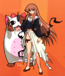 Rule 34 | 2girls, animal costume, brown hair, cat, cat costume, daiakuji, fudou mei, full body, green eyes, hand on own hip, hip focus, honoo donko, long hair, morita ai, mouth hold, multiple girls, no panties, object on head, orange background, orion, orion (orionproject), pink hair, school uniform, serafuku, signature, skirt, thigh strap, torn clothes, very long hair