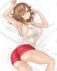 Rule 34 | 1girl, absurdres, areola slip, artist request, ass, atelier (series), atelier ryza, bare shoulders, bed, blush, breasts, brown eyes, brown hair, from behind, highres, large breasts, looking at viewer, lying, on side, one eye closed, open mouth, parted lips, pillow, red shorts, reisalin stout, shiny clothes, shiny skin, shirt, short hair, short shorts, shorts, solo, waking up, wince