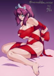 Rule 34 | 1girl, arms behind back, blue eyes, breasts, cleavage, crown, dated, feet, gradient background, henrietta de tristain, large breasts, legs, nafta, naked ribbon, parted lips, purple background, purple hair, red ribbon, restrained, ribbon, signature, simple background, solo, toes, zero no tsukaima