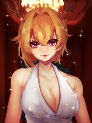Rule 34 | 1girl, antlers, bare shoulders, blonde hair, breasts, dragon girl, dragon horns, dress, highres, horns, kicchou yachie, large breasts, looking at viewer, open mouth, red eyes, same tiii, short hair, sleeveless, sleeveless dress, smile, touhou, white dress, yellow horns