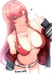 Rule 34 | 1girl, absurdres, bare shoulders, bikini, bikini under clothes, black jacket, blush, breasts, cleavage, earrings, elina (eri15), hand up, heart, heart earrings, highres, hololive, houshou marine, houshou marine (summer), jacket, jewelry, large breasts, long hair, long sleeves, necklace, o-ring, o-ring thigh strap, off shoulder, one eye closed, parted lips, red bikini, red hair, shorts, simple background, smile, solo, swimsuit, thigh strap, v, virtual youtuber, white background, white shorts, yellow eyes