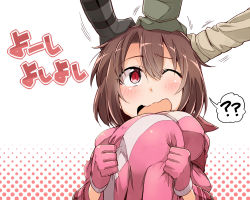 Rule 34 | 1girl, ?, ??, animal hat, bibi02, blush, brown hair, commentary request, fukaziroh (sao), gloves, gradient background, hat, headpat, highres, holding, holding clothes, holding hat, llenn (sao), m (sao), one eye closed, open mouth, pink gloves, pink hat, pitohui (sao), polka dot, polka dot background, red eyes, short hair, solo focus, spoken question mark, sword art online, sword art online alternative: gun gale online, unworn hat, unworn headwear, upper body, white background