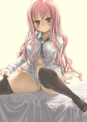 Rule 34 | 00s, 1girl, arm support, asanagi, blush, curvy, frown, long hair, looking at viewer, louise francoise le blanc de la valliere, navel, no panties, open clothes, open shirt, pentacle, pink eyes, pink hair, shirt, sitting, solo, thick thighs, thighhighs, thighs, undressing, zero no tsukaima