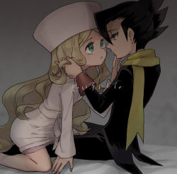 Rule 34 | 1boy, 1girl, :o, black hair, blonde hair, caitlin (pokemon), commentary request, creatures (company), dress, elite four, eye contact, eyelashes, fingernails, game freak, green eyes, grimsley (pokemon), hand in another&#039;s hair, hat, long hair, looking at another, miyashiro, nintendo, pink headwear, pokemon, pokemon bw, scarf, sitting, translation request, very long hair, yellow scarf