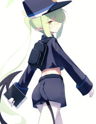 Rule 34 | 1girl, ass, bad anatomy, bad face, black hat, black jacket, black shorts, black tail, blue archive, blush, closed mouth, cowboy shot, demon tail, gloves, green hair, green halo, halo, hat, nozomi (blue archive), highres, jacket, long hair, long sleeves, makolas97, pantyhose, peaked cap, pointy ears, shorts, simple background, smile, solo, tail, twintails, white background, white gloves, white pantyhose, yellow eyes