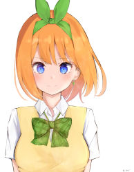 Rule 34 | 1girl, absurdres, auui, blue eyes, bow, breasts, closed mouth, collared shirt, commentary request, dress shirt, earrings, four-leaf clover earrings, go-toubun no hanayome, green bow, green ribbon, hair ribbon, highres, jewelry, looking at viewer, medium breasts, nakano yotsuba, orange hair, ribbon, shirt, short hair, short sleeves, signature, simple background, smile, solo, sweater vest, upper body, white background, white shirt