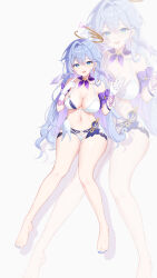 Rule 34 | 1girl, :d, absurdres, aqua eyes, bai qiangwei, bare legs, bare shoulders, barefoot, bikini, blue hair, blue nails, breasts, choker, cleavage, commentary request, detached sleeves, drop shadow, gloves, grey background, hair between eyes, hair intakes, hands up, highres, honkai: star rail, honkai (series), index finger raised, large breasts, long hair, looking at viewer, nail polish, navel, open mouth, purple choker, robin (honkai: star rail), short sleeves, smile, stomach, swimsuit, thighs, toenail polish, toenails, very long hair, w, white bikini, white gloves, zoom layer