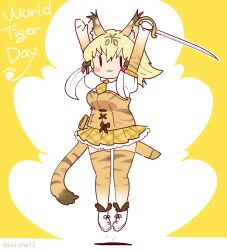Rule 34 | 1girl, animal ears, animal print, arms up, blonde hair, coroha, elbow gloves, extra ears, full body, gloves, jumping, kemono friends, long hair, looking at viewer, necktie, shirt, shoes, simple background, skirt, smilodon (kemono friends), solo, sword, tail, thighhighs, tiger ears, tiger girl, tiger print, tiger tail, weapon, yellow background