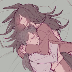 2girls animal_ears arms_around_neck arms_around_waist blush brown_hair closed_eyes commentary_request ears_down female_trainer_(umamusume) from_above head_on_chest highres hollomaru horse_ears horse_girl hug jacket long_hair lying multiple_girls on_bed on_side pants parted_lips pillow red_jacket red_pants red_track_suit rice_shower_(umamusume) shirt sleeping tracen_training_uniform trainer_(umamusume) umamusume yuri