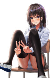 Rule 34 | 1girl, absurdres, black hair, black thighhighs, blue shirt, blush, chair, collared shirt, commentary request, crotch seam, double v, gradient eyes, grey skirt, grin, hair between eyes, hands under legs, highres, knees up, legs, long sleeves, looking at viewer, medium hair, multicolored eyes, necktie, original, panties, pleated skirt, shirt, shoes, simple background, sitting, skirt, smile, solo, striped necktie, thighhighs, underwear, uwabaki, v, white background, white panties, yukemuriganmo