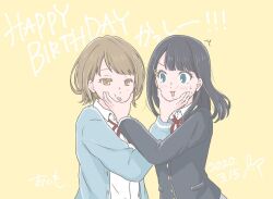 Rule 34 | 2girls, artist name, black hair, blue cardigan, blue eyes, blue jacket, blush, bob cut, brown eyes, brown hair, cardigan, cheek pinching, collared shirt, commentary request, dated, dress shirt, hair ornament, hairclip, happy birthday, honda sora, jacket, lonely girl ni sakaraenai, long hair, long sleeves, multiple girls, neck ribbon, nervous sweating, oimo (sunsun sun), open cardigan, open clothes, open mouth, pinching, red ribbon, ribbon, sakurai ayaka (lonely girl ni sakaraenai), second-party source, shirt, short hair, signature, simple background, sweat, tongue, tongue out, upper body, white shirt, yellow background