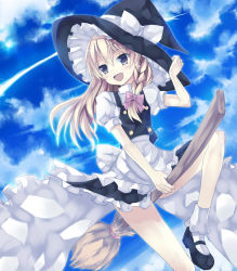 Rule 34 | 1girl, :d, apron, blonde hair, blue eyes, bow, braid, broom, broom riding, cloud, day, dress, female focus, hat, highres, kirisame marisa, mizumidori, open mouth, ribbon, sky, smile, solo, touhou, witch, witch hat, yellow eyes