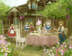 Rule 34 | 1girl, alice margatroid, apron, blonde hair, blue dress, blue eyes, capelet, chair, cup, day, dress, floating, flower, garden, hairband, house, levitation, light smile, lilac, lolita hairband, long hair, looking at viewer, outdoors, ribbon, sash, shanghai doll, short hair, sketch, solo, table, tablecloth, tafuto, tea set, teacup, teapot, tiered tray, touhou, vase, waist apron