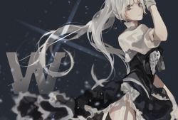 Rule 34 | 1girl, bad id, bad pixiv id, blurry, bow, closed mouth, floating hair, frown, gloves, long hair, ponytail, rwby, side ponytail, solo, tanshi shou, text focus, very long hair, weiss schnee, white bow, white hair