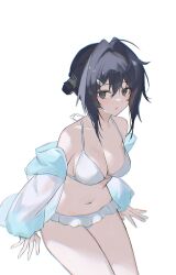 1girl 2naom8q6gt87292 :o absurdres arknights bare_shoulders bikini black_eyes black_hair blue_jacket breasts cowboy_shot hair_between_eyes highres jacket la_pluma_(arknights) la_pluma_(summer_flowers)_(arknights) medium_breasts navel open_clothes open_jacket short_hair_with_long_locks solo stomach swimsuit thighs white_bikini